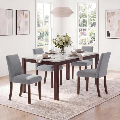 Image of Upholstered Dining Chairs Set of 4, Mid-Century Dining Room Chairs with Wooden Legs, Farmhouse Fabric Parsons Chairs for Small Space Restaurant & Cafe- Gray