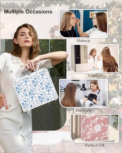 Image of Relavel Makeup Bag with LED Mirror, Makeup Box Travel Train Case with Rechargeable Lighted Mirror, Cosmetic Brush Organizer Storage for Makeup Artists Gifts for Women and Girls, Floral Print