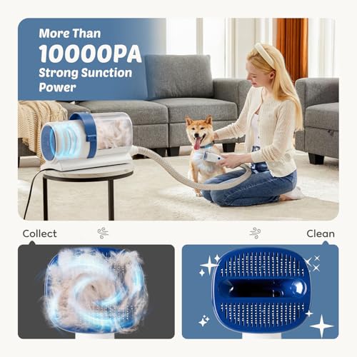 Image of DUMOS Pet Grooming Vacuum Kit 2.5L, 3 Adjustable Suction Modes Pet Clipper, 5 Professional Grooming Tools with Cordless Low Noise Dog & Cat Hair Clippers, Blue & White