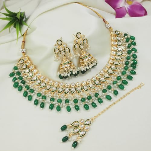 Image of I Jewels Gold Plated Traditional Kundan Pearl Meenakari Choker Necklace Jewellery With Jhumka Earrings Set For Women /Girls