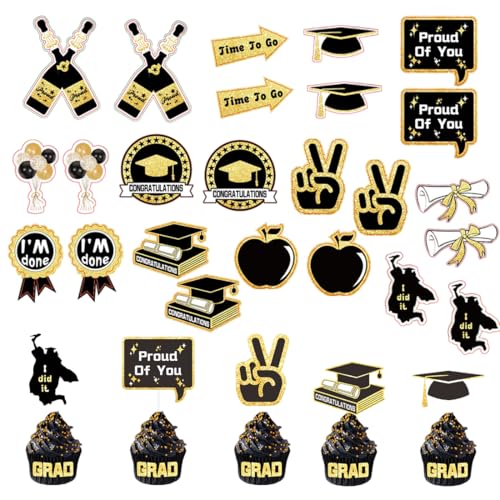 OHREN 24 Piezas Toppers para Cupcakes de Graduación 2025 con Brillo, Decoración de Sombrero de Graduado, Decoración de Fiesta de Graduación para Celebraciones (Negro y Dorado)