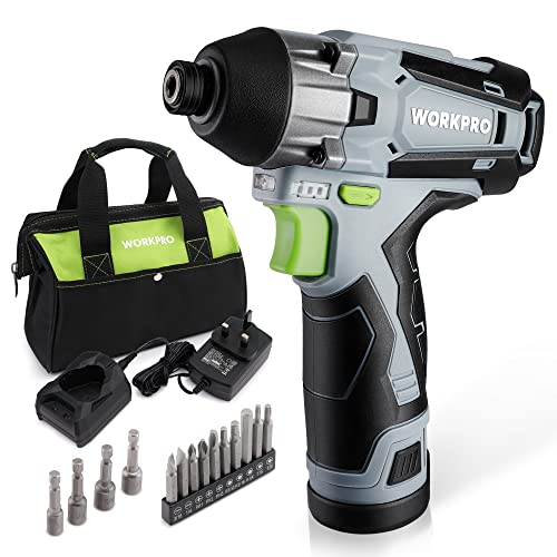 WORKPRO Cordless Impact Driver Kit, 1/4” Hex Electric Impact Drill/Driver Set with 12V 2.0Ah Lithium-ion Battery, 1 Hour Fast Charge, Variable Speed, 14pc Driver Bits and Tool Bag (UK 3-pin Plug)