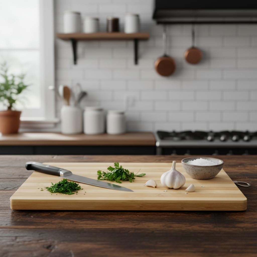 Deconox Yuvarlak Bambu Kesme ve Sunum Tahtası (Büyük Boy) | Antibakteriyel, Metal Kulplu Ahşap Pizza/Şarküteri Tahtası 24 * 34cm
