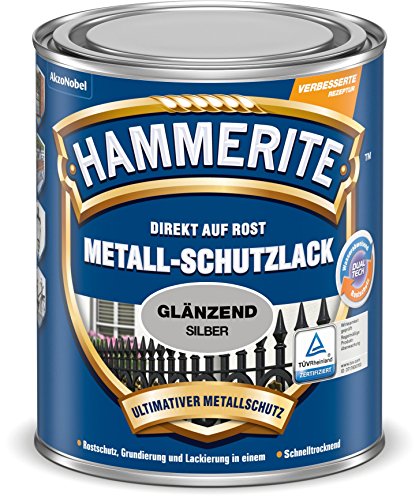 Hammerite Metallschutzlack Glänzend, 3in1- Rostschutz, Silber, 250 ml