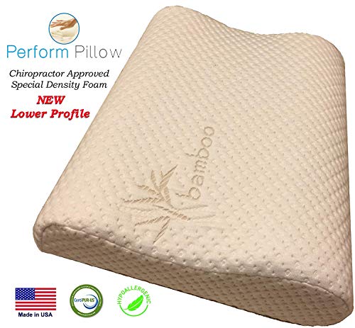 Thin Profile Memory Foam Neck Pillow - Double Contour - Chiropractor Approved - Washable Soft Bamboo Cover - Great for Neck Pain, Sleeping (Thin Profile)