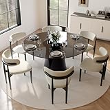 POVISON Glass Round Dining Table for 6, Modern Dining Table 59' Dining Room Table Round Black Glass Top with Solid Black Carbon Steel Base for Kitchen(Table Only)