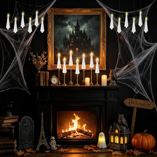 Image of kakoya Ghost Flameless Floating Candles with Wand Remote, 20 Pcs Magic Flickering Battery Operated LED Hanging Taper Candles for Halloween Party Decoration(White)