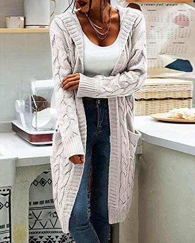 Image of Women Hooded Open Front Cardigan Cable Knit Chunky Long Sweater Coats
