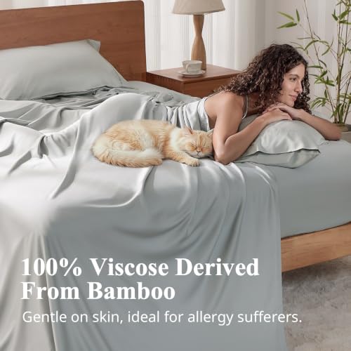 Image of Queen Size Sheet Set, Viscose Bamboo Sheets for Bed Set 4pcs, 100% Viscose Derived from Bamboo, Hotel Luxury Silky & Cooling for Hot Sleepers, Deep Pocket Up to 17 inch, Light Grey