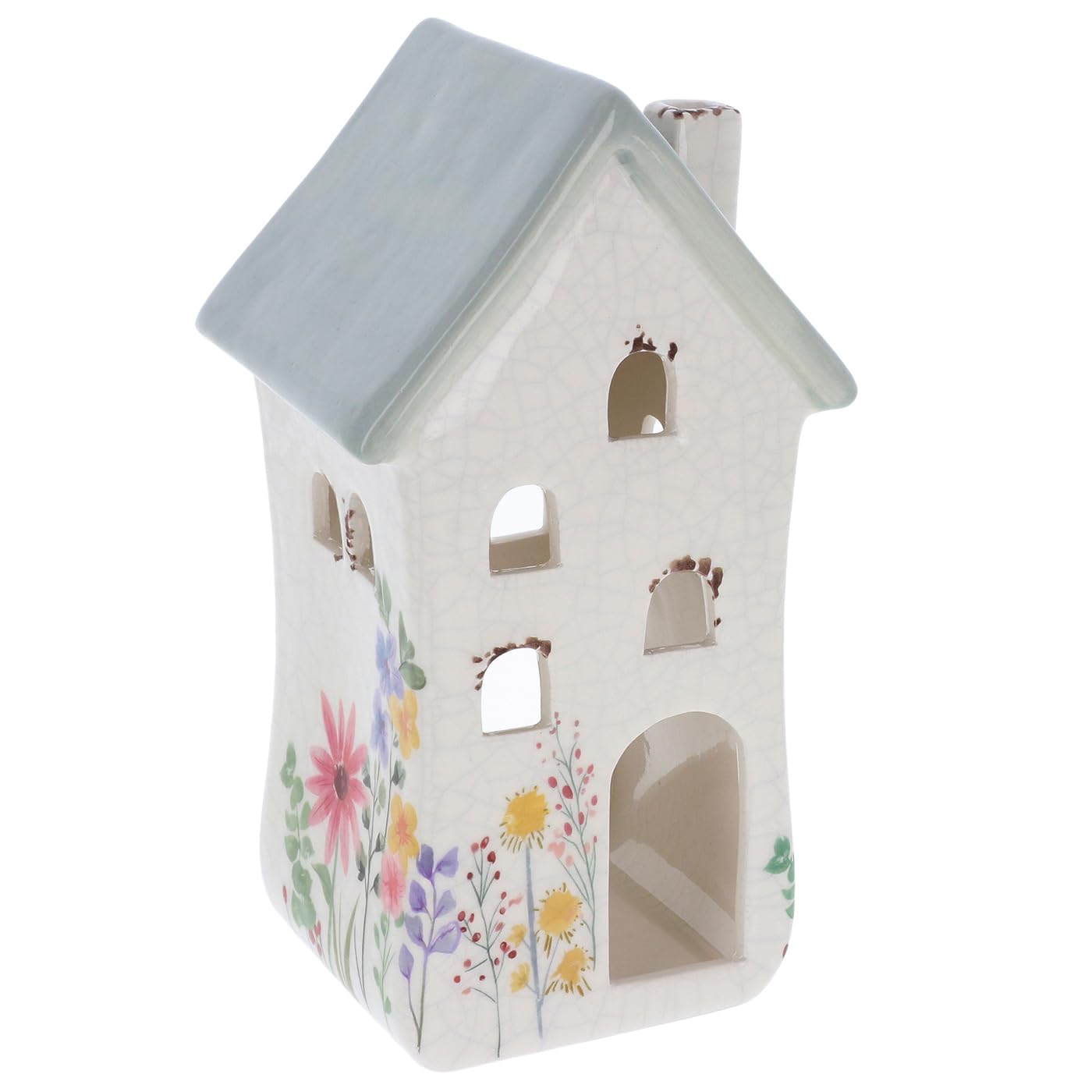 Shudehill Giftware Meadow Garden House Pastel Coloured Ceramic Tealight Holder with Crackle Effect - Grey with Floral Design