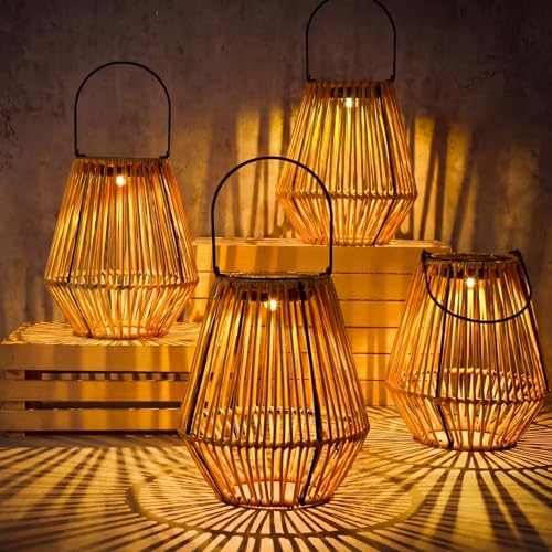 VIHOSE 4 Pack Solar Lantern Outdoor Waterproof Rattan, Square