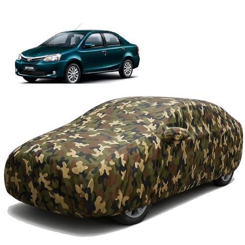 Image of Sulfar 100% Waterproof Car Body Cover Compatible with Mirror for Toyota Etios with Long Lasting Durable Material (Triple Stitched, Full Bottom Elastic, Camouflage Army)