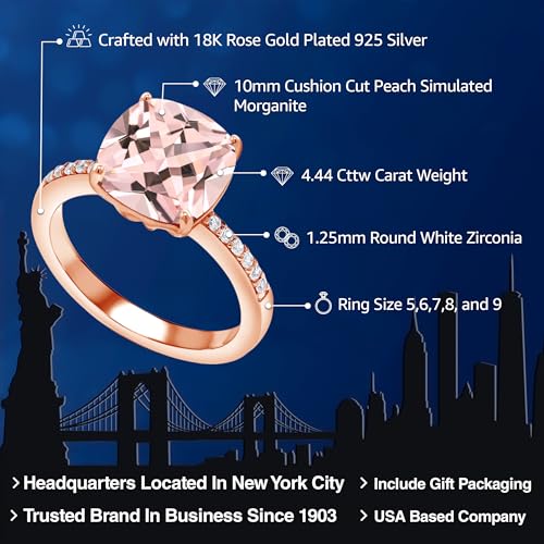 Gem Stone King 18K Rose Gold Plated Silver 10MM Cushion Gemstone Birthstone Engagement Ring | Wedding Anniversary Promise Ring For Women | Available In Size 5, 6, 7, 8, 92