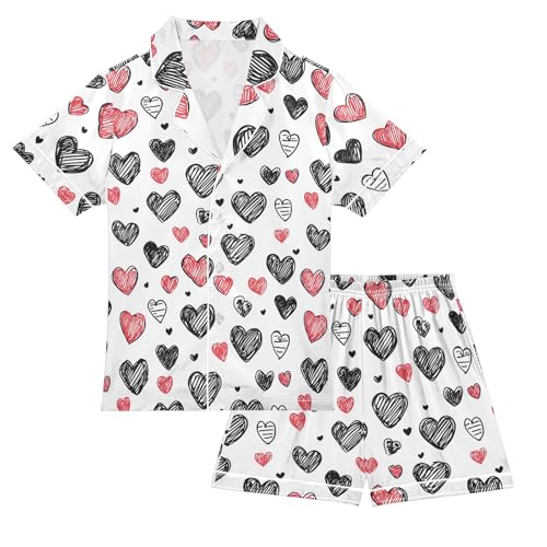 Black Heart Line Pattern Summer Satin Pajama Set, Cute Button-Down Sleepwear Pj Set for Sleep Wears