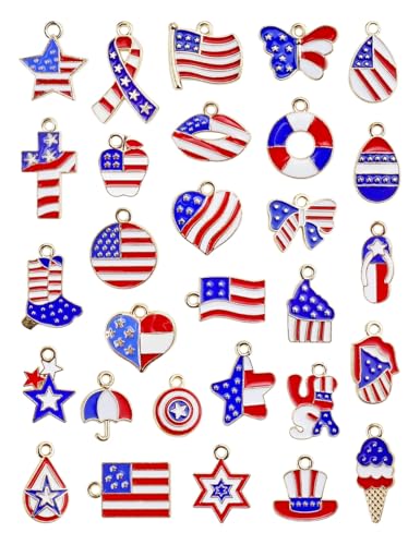 JIALEEY 29PCS Independence Day Charms Patriotic 4th of July Red White Blue American Flag Charms for Bracelets Necklaces Jewelry Making 29 Styles
