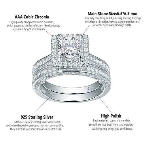 Newshe Jewellery 2.8 Carat Princess White Cz 925 Solid Sterling Silver Wedding Band Engagement Ring Set Size 8