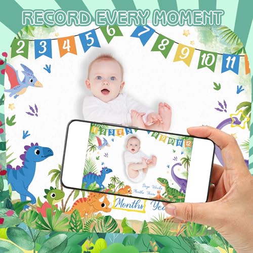 Image of Dinosaur Baby Monthly Milestone Blanket for Boys Girls Flannel Blanket Newborn Infant Swaddle Baby Growth Blanket Photography Background with Wooden Signs,Frames,Bib