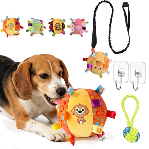 Colorful Squeaky Hanging Dog Training Toy with 58in-90in Elastic Ropes Soft Stretchy - Durable Chew & Play Toy for All Dogs 6-Inch Hanging Dog Toys with Cotton Material and Built-In Bell (style C)
