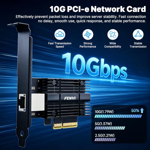 FENVI RTL8127 10G PCIe X4, 4X Faster Than 2.5G, NAS/Server, Compatible con PCIe 3.0/4.0, Compatible con versiones anteriores 5G/2.5G/1G/100Mbps, perfil bajo para ITX, ideal para edición de video 4K y NAS miniatura 2