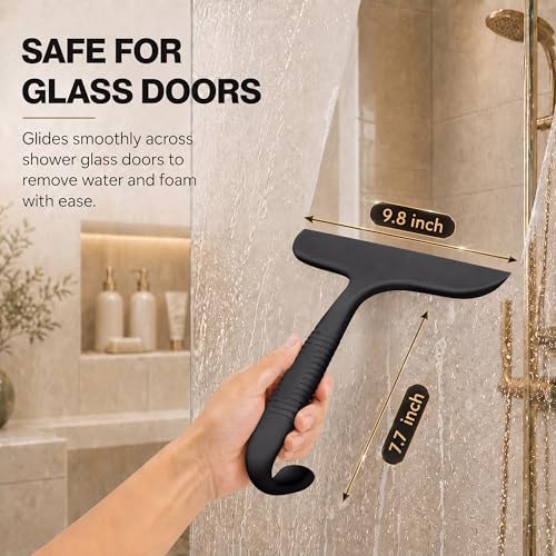 Image of Shower Squeegee for Glass Doors, No-Drill Hanging Shower Door Cleaner for Glass,Silicone Bathroom Squeegee with Built-in Hook, Window, Mirror, Tile, Streak-Free Wiper, Black