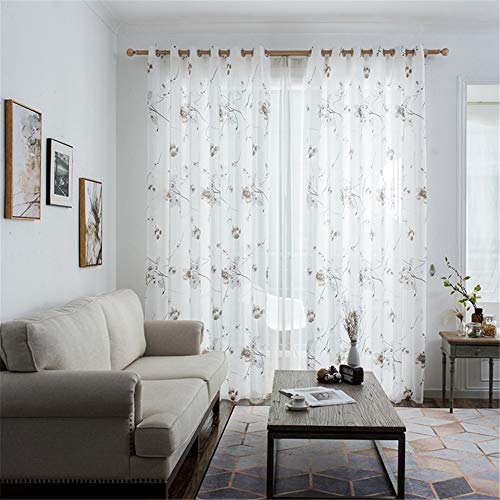 Hiseng Voile Vorhänge mit Ösen Durchsichtig Halbtransparent Ösenvorhang für Fenster Wohnzimmer Schlafzimmer Moderne und Elegante Transparent Gardine 2er Set (Braune Blumen,140x260cm) Cover