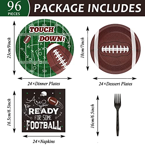 Image of 96 Pieces Football Tableware Set 24 Guests for Football Birthday Table Decorations Supplies Touchdown Football Game Day Party Dessert Plates Napkins Forks Birthday Party Favors