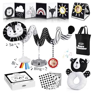 Joyreal High Contrast Baby Toys for Newborn, Black and White Baby Sensory Toys with Car Seat Toys,Infant Toys with Black White Cards Book, Montessori Toys for Baby Gifts