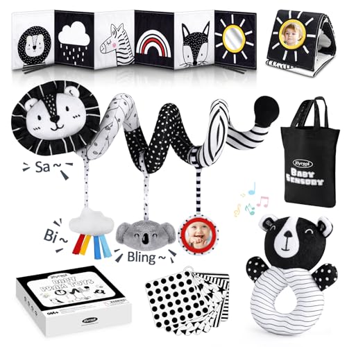 Joyreal High Contrast Baby Toys for Newborn, Black and White Baby Sensory Toys with Car Seat Toys,Infant Toys with Black White Cards Book, Montessori...