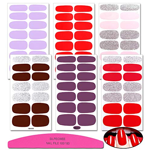 SILPECWEE 6 Sheets Solid Color Adhesive Nail Polish Strips Stickers Tips and 1Pc Nail File Nail Art Wraps Decals Manicure Accessories