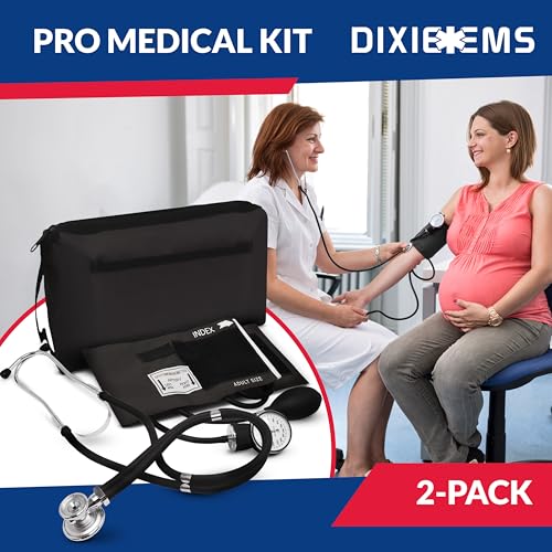 Image of Blood Pressure Monitor and Sprague Stethoscope Kit - 2-Pack, Adult Aneroid Sphygmomanometer with Dual-Head Stethoscope, Adjustable BP Cuff, Carrying Case & Accessories - Black