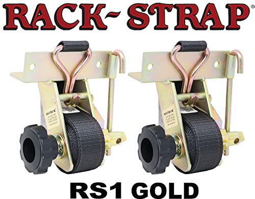 Super Deal Product Rack-Strap 2 Pack, RS1 Gold Right Angle Mounting Bracket, Bolt Mounting Hardware Included, Zinc-Yellow Hardware, 8 Foot Black Polyester Strap with J Hook. (Gold)
