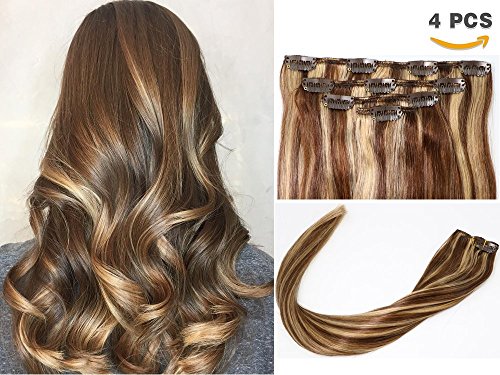 Clip in Hair Extensions 4pcs Double Weft 100% Brazilian Remy Human Hair Grade 7A Quality Full Head Thick Long Soft Silky Straight 10clips for Women Fashion(16inch #4P27 Medium Brown/Dark Blonde 60g)