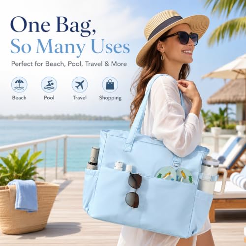 Image of LEDAOU Large Beach Bag Women Zipper Beach Tote Pool Bag for Gym Grocery Travel with Wet Pocket