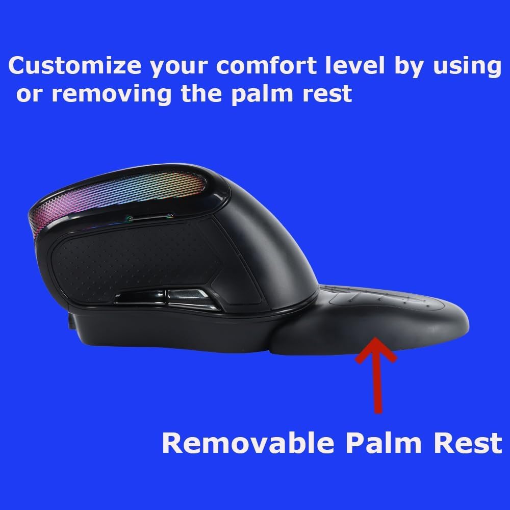 Wireless Mouse Large Angle Adjustable Ergonomic Vertical Upright Carpal Tunnel Ergo Right Hand 6 buttons USB Optical Mice for PC Laptop Computer Macbook Gift,3600 DPI,Removable Palm Rest,RGB Light