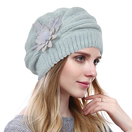 Women's Solid Knit Furry French Beret - Fall Winter Fleece Lined Paris Artist Cap Beanie Hat (Mint)