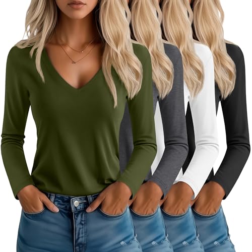 T-shirt col en V femme Neer lot de 4 hauts manches longues amples basiques pour la superposition
