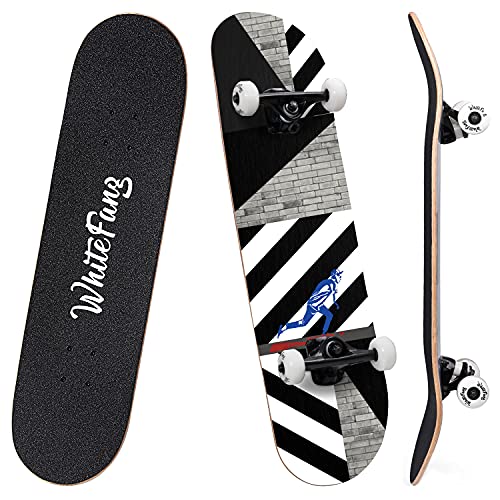 Image of WhiteFang Skateboards for Beginners, Complete Skateboard 31 x 7.88, 7 Layer Canadian Maple Double Kick Concave Standard and Tricks Skateboards for Kids and Beginners