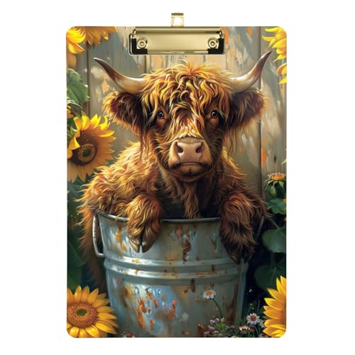 Highland Cow ひまわり プラスチッククリップボード 薄型メタルクリップ付き 弁護士コーチ用 12.5インチ x 9インチ