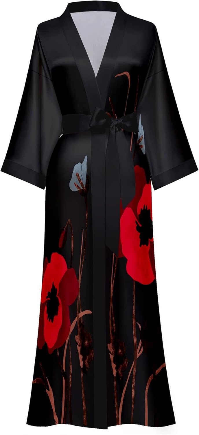 Women's Long Silk Robes Long Satin Robes Long Kimono Robes Floral Silky Bathrobes Dressing Gown, One Size