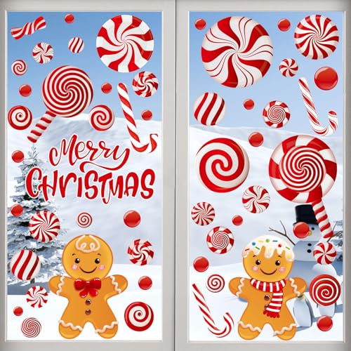 AhfuLife 73 Pezzi di Vetrofanie Natalizie per Finestre, 9 Fogli di Adesivi per Finestre di Natale Autoadesivi Riutilizzabili, Allegri Dolci Natalizi e Omini di Pan di Zenzero per Decorazioni Natalizie