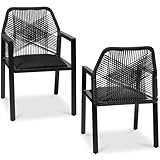 Best Choice Products Outdoor Dining Arm Chair Set of 2, Aluminum Frame with Armrest, All-Weather Woven Rope Chair Design - Black/Obsidian