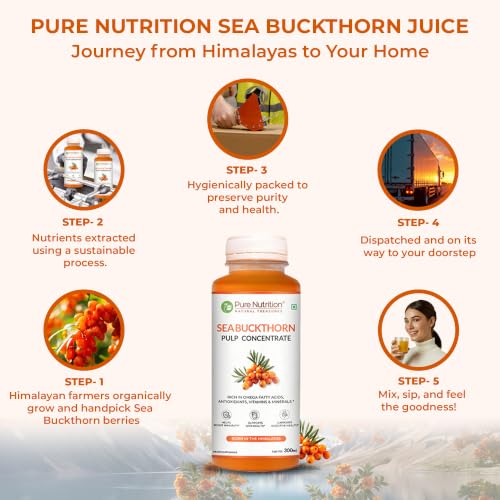 Image of Pure Nutrition Seabuckthorn Pulp Concentrate 300ml | Rich in Omega Fatty Acids (3,6,7 & 9), Vitamins & Antioxidants | Supports Immunity, Heart & Digestive Health | Promotes Skin,Cellular Health & Overall Wellness