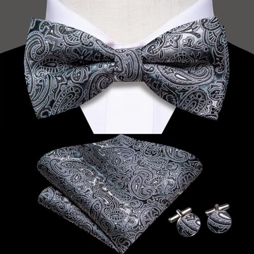 Image of Hi-Tie Bow Ties for Men Pre-Tied Pocket Square with Cufflinks Mens Bowtie Sets for Wedding Formal Party