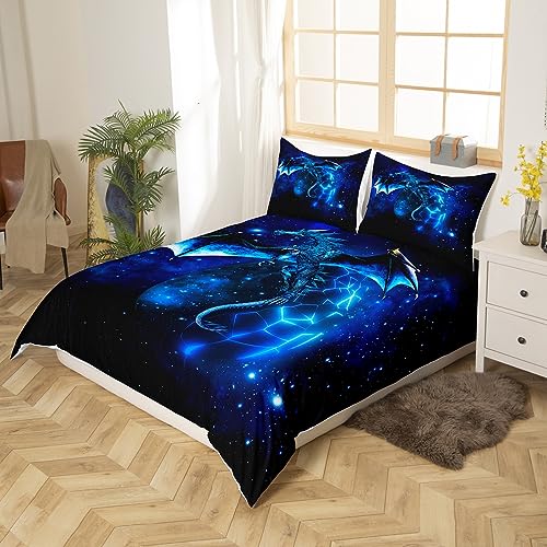Loussiesd Galaxy Dragon Duvet Cover Kids Chic Outer Space Starry Sky Bedding Set Jungle Animals Dragon Bedding & Linen for Boys Children Teens Blue Black Bedspread Cover Super King - Image 2