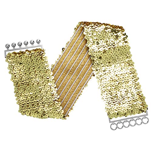 Grevosea 3 Pieces Sequin Belt Dress Belts for Women, Gold Wide Waist Belt Elastic Stretch Waistband Cinch Belt Metal Buckle for 70s 80s Costume Party Disco Party Women Girls (Gold Silver Black)4
