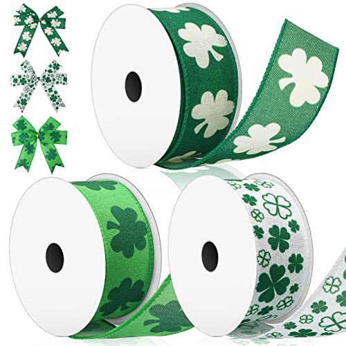 3 Rollos Cintas de Día de San Patricio de 10 Yardas Cinta de Tela de Trébol de Suerte de 1,5 Pulgadas Cinta Artesanal de Trébol Cinta Verde con Cable para Guirnalda Cordones Costura
