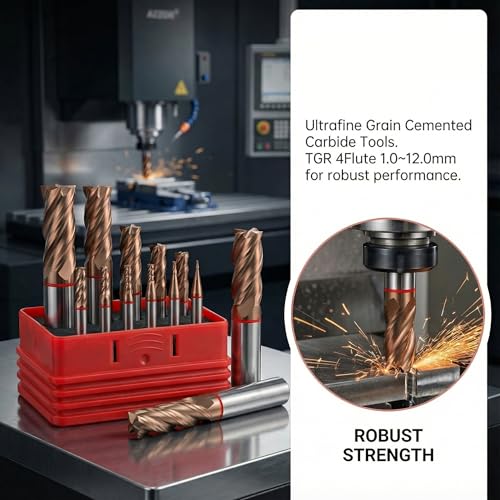 Image of Carbide Square EndMill HRC55 Double Edge 4 Flute AlTiN Coating Tungsten Steel Color-Ring Milling Cutter for Metal Steel TGR Series 11pcs Set