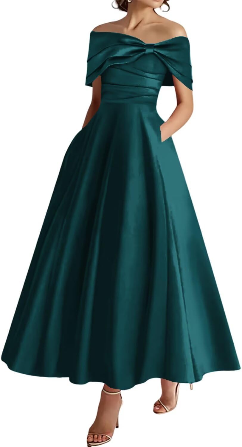 YIANN Tea Length Mother of The Bride Dresses for Women with Pockets Peacock Satin Formal Dress Evening Gown UK14