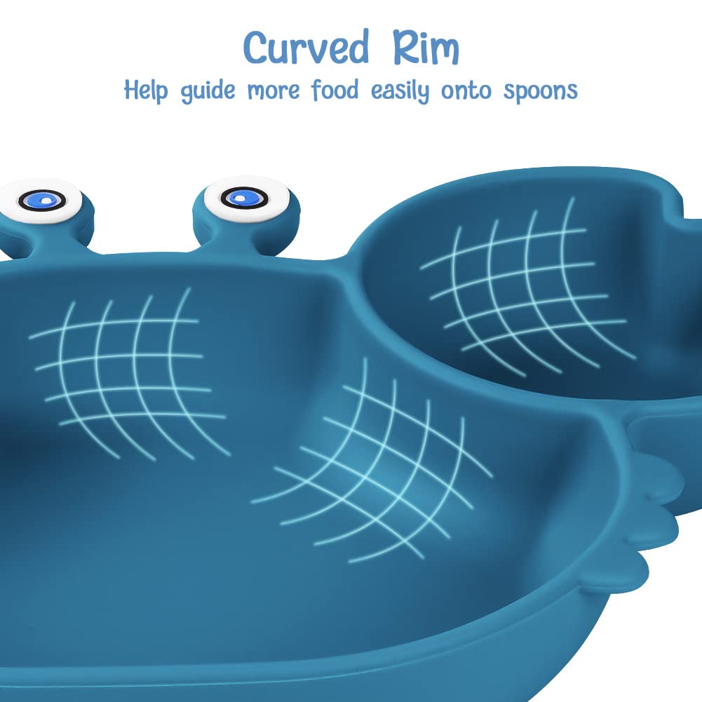 Vicloon Piatto per Bambini in Silicone, Piatto con Ventosa per Bambini, Piatto Svezzamento senza BPA, Piatti Divisi per Bambini Adatto alla Maggior Parte dei Tavoli e Seggioloni, Blu Navy
