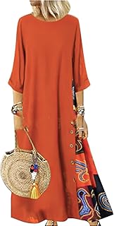 Women's Boho Floral Ethnic Linen Cotton Maxi Dresses 3/4 Sleeve Flowy Lo...